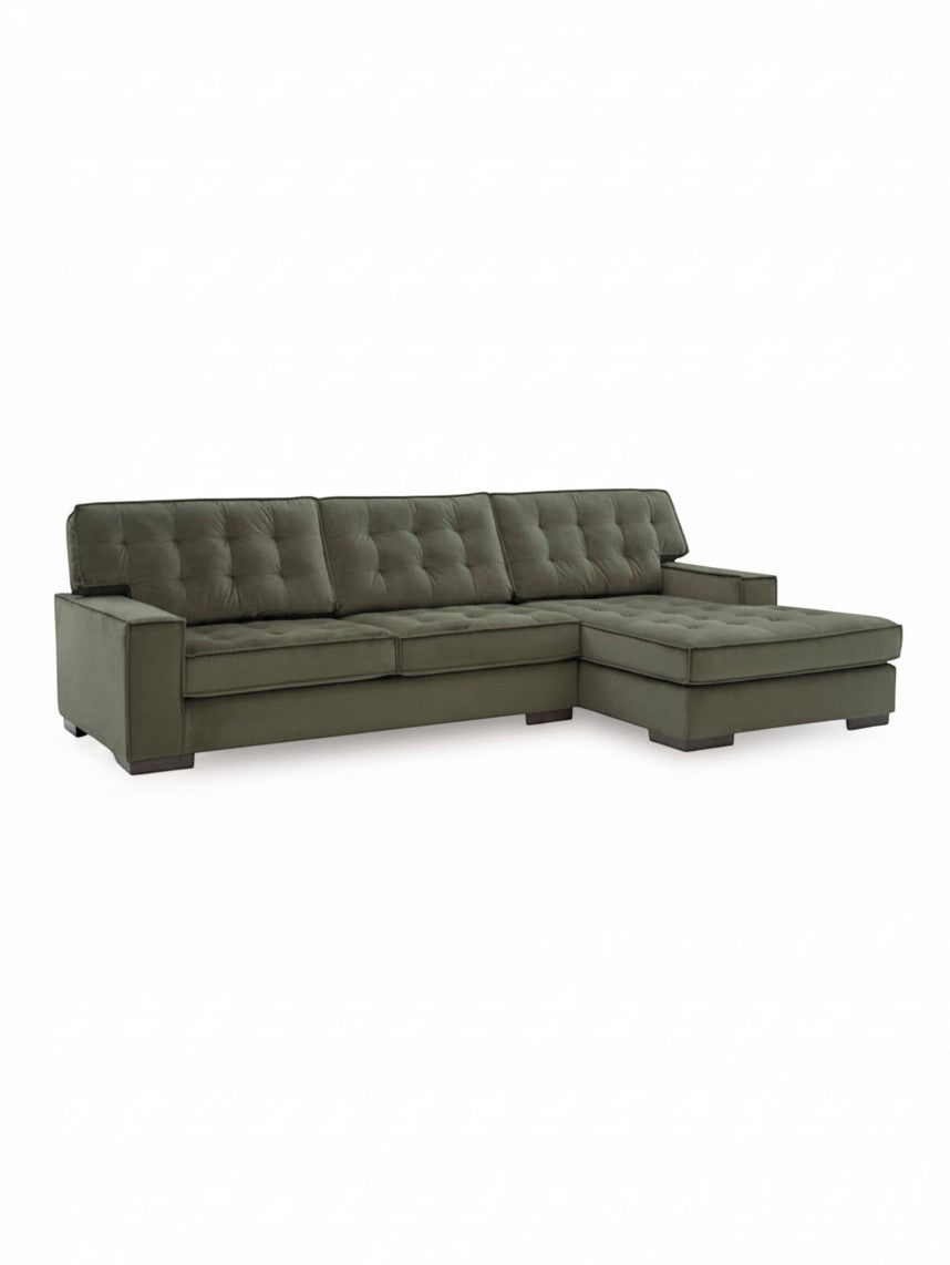 Sofa sectionnel Nino TOCO Meubles en velours vert olive avec dossier capitonné et méridienne droite