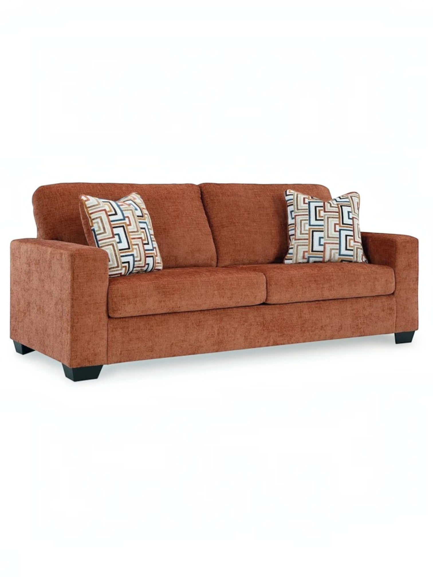 Sofa Toscana TOCO Meubles en tissu texturé couleur rouille avec deux coussins décoratifs à motifs géométriques