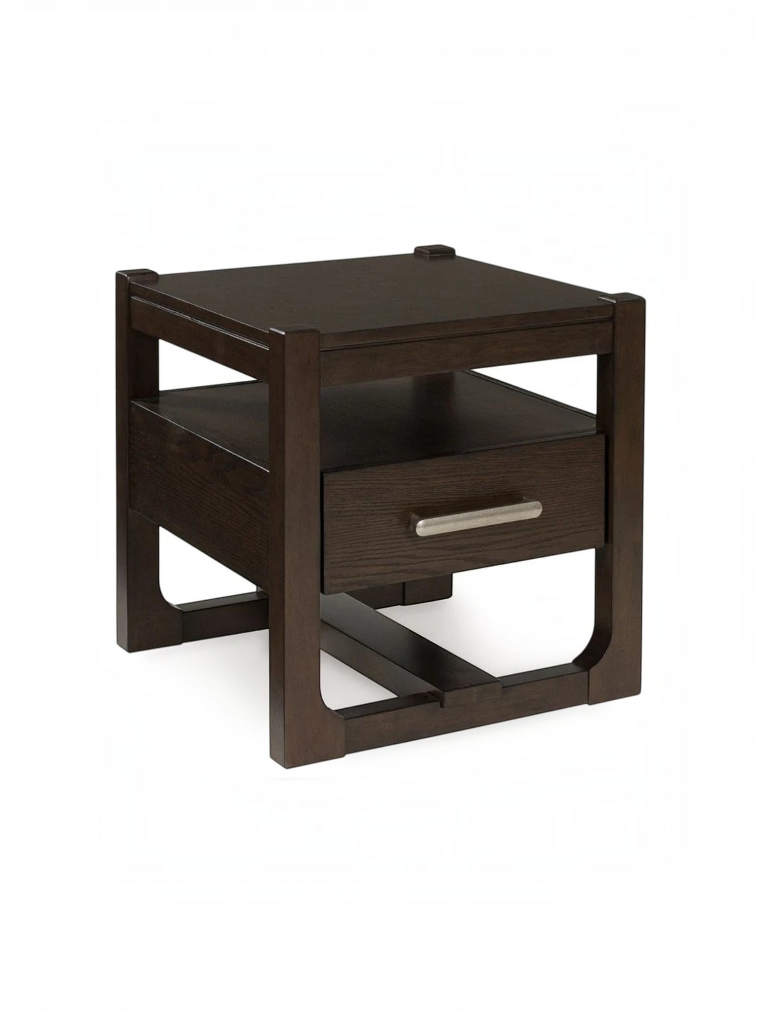 Table d'appoint carrée TOCO Meubles Becki en bois brun foncé avec un tiroir et une poignée métallique moderne
