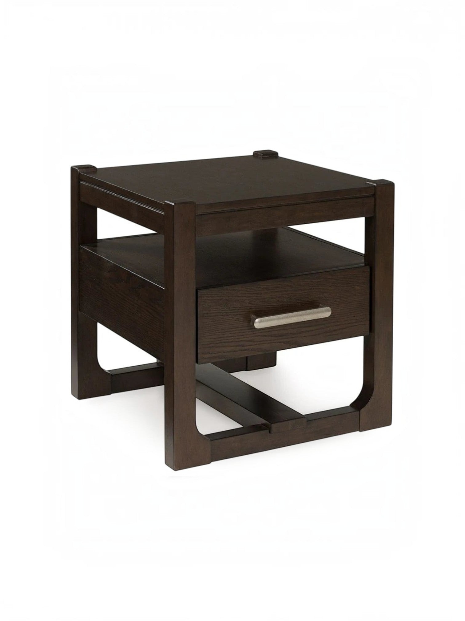 Table d'appoint carrée TOCO Meubles Becki en bois brun foncé avec un tiroir et une poignée métallique moderne