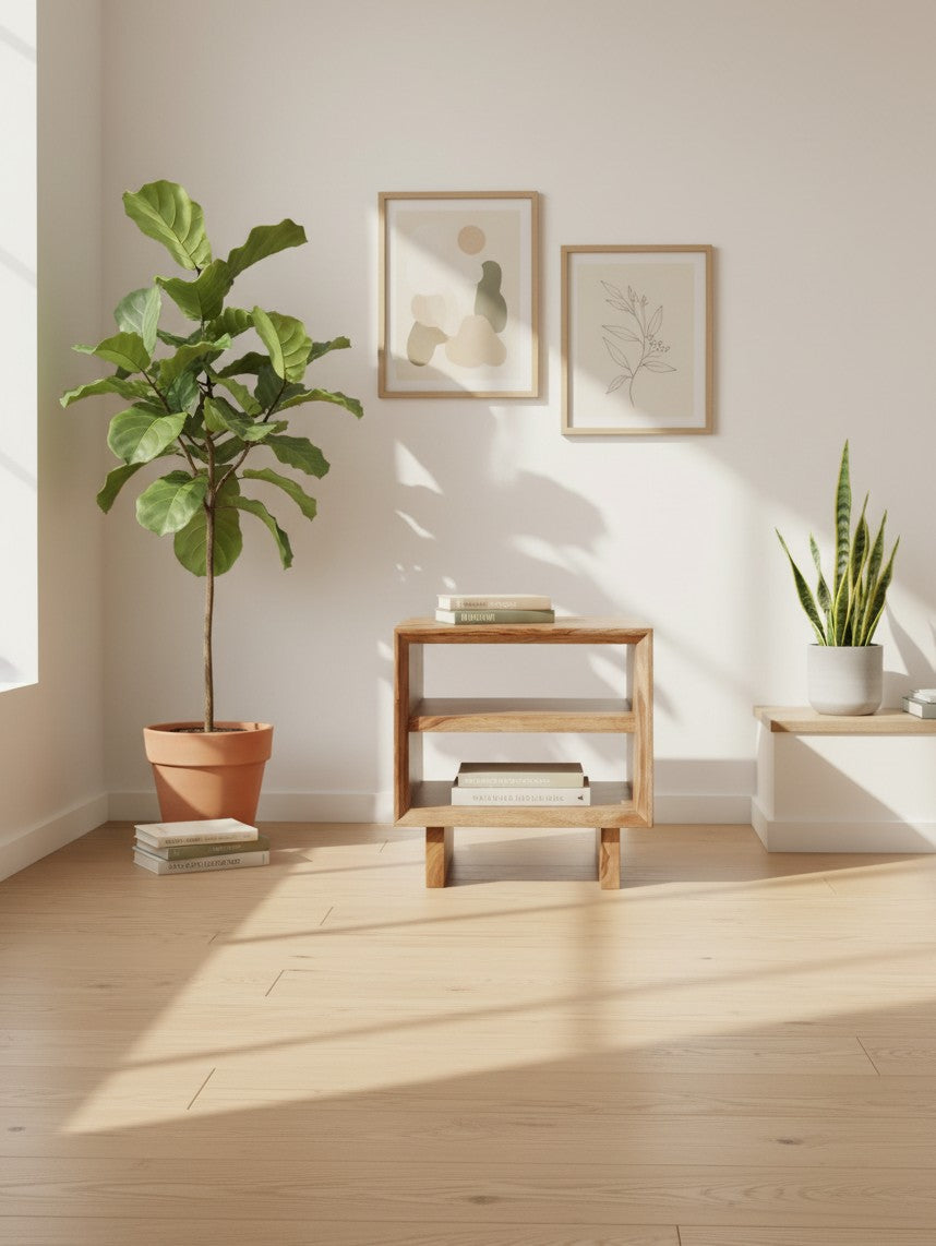Table d'appoint carrée en bois brun TOCO Meubles avec deux étagères dans un salon lumineux avec plantes