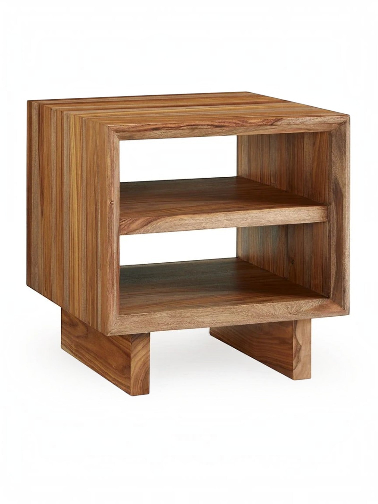 Table d'appoint carrée Sonni par TOCO Meubles en bois massif brun avec deux niveaux de rangement ouverts