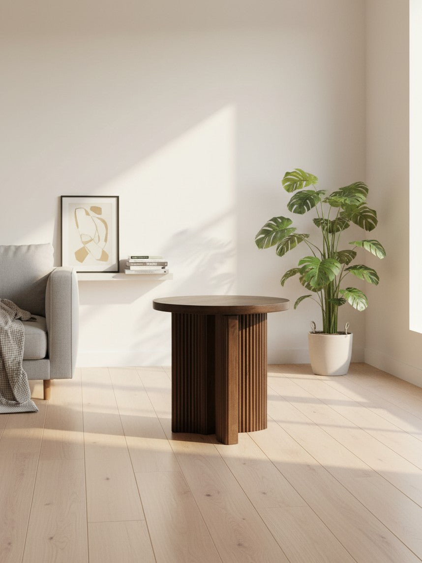 Table d'appoint Cecilia de TOCO Meubles en bois foncé avec un pied central cannelé dans un salon lumineux