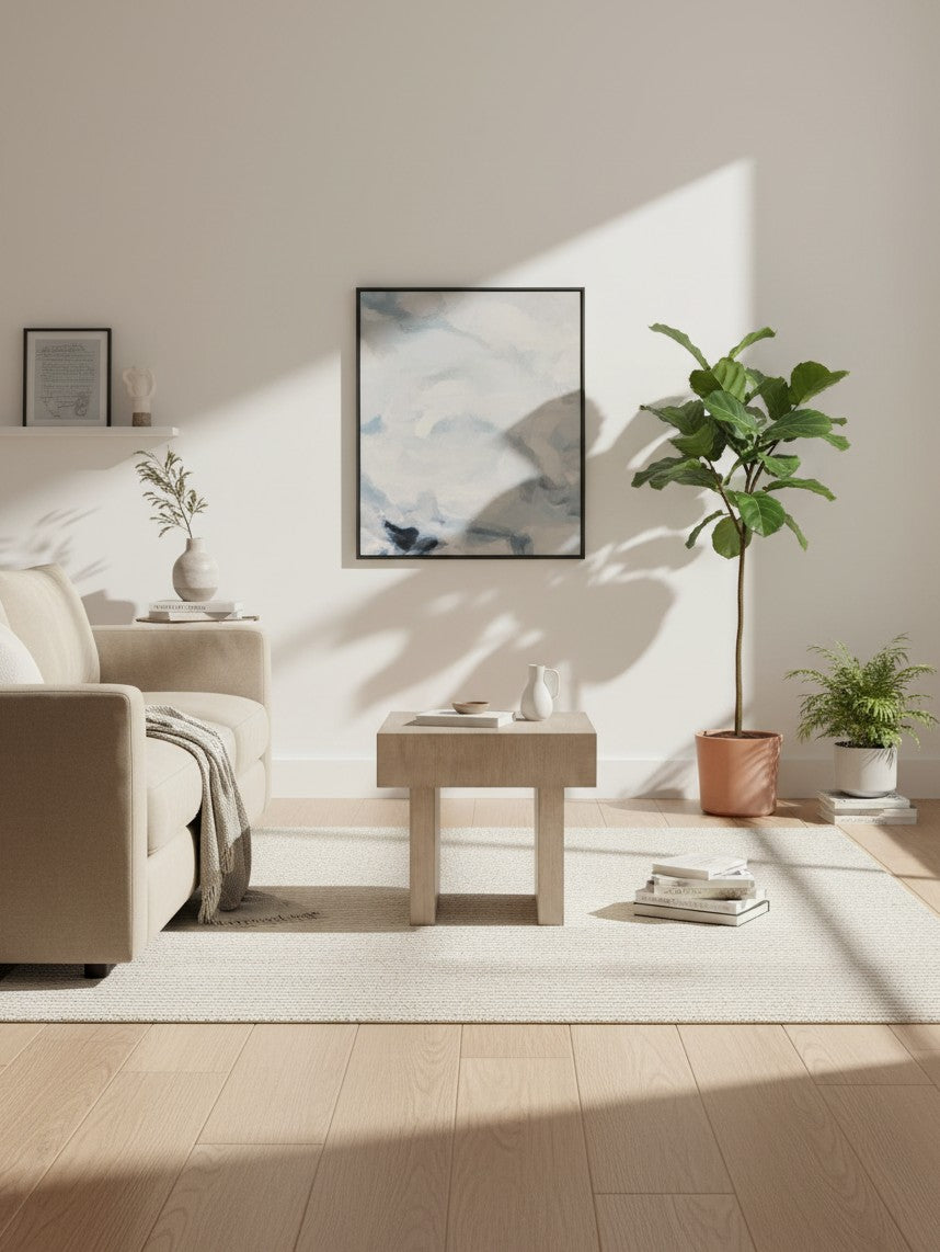 Table d'appoint Elaina en bois clair de TOCO Meubles dans un salon minimaliste avec plante et décoration murale