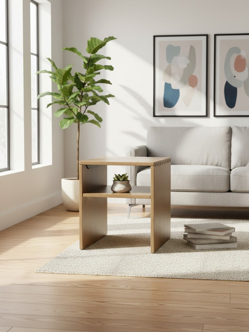 Table d'appoint Kelani en bois clair avec étagère centrale, présentée dans un salon moderne par TOCO Meubles