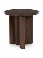 Table d'appoint Cecilia par TOCO Meubles en bois foncé avec un plateau rond et une base cylindrique cannelée