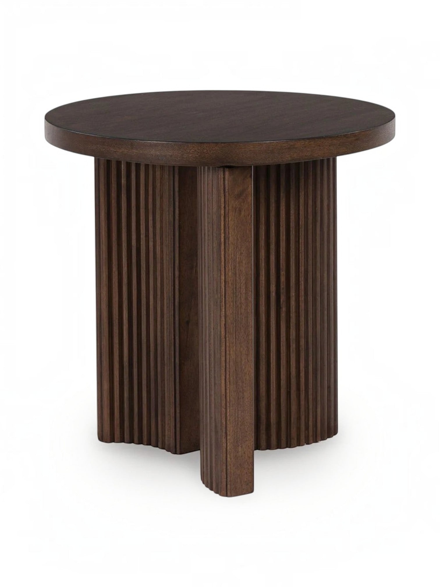 Table d'appoint Cecilia par TOCO Meubles en bois foncé avec un plateau rond et une base cylindrique cannelée