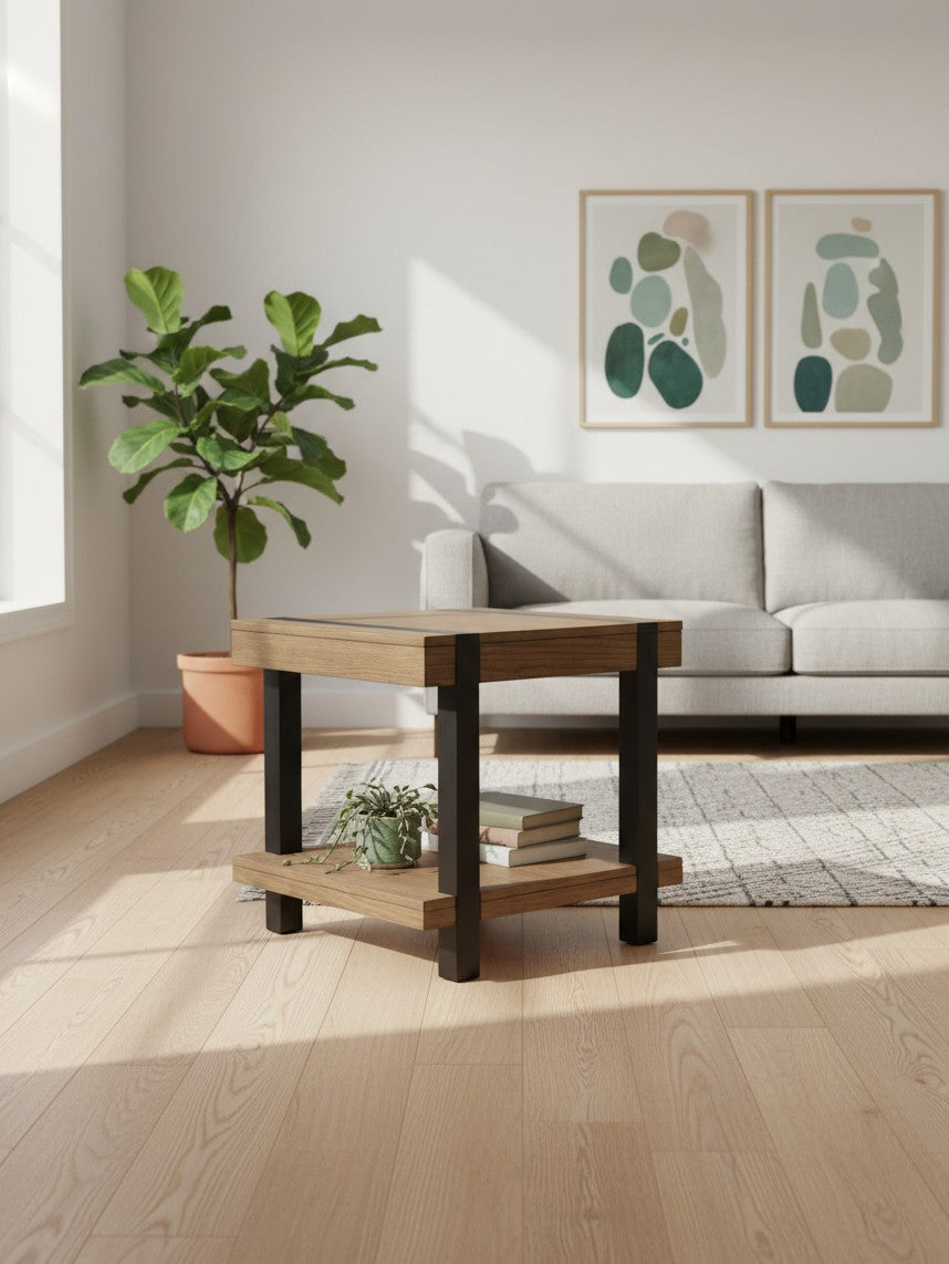 Table d'appoint Jorani TOCO Meubles en bois avec structure en métal noir et étagère inférieure dans un salon moderne