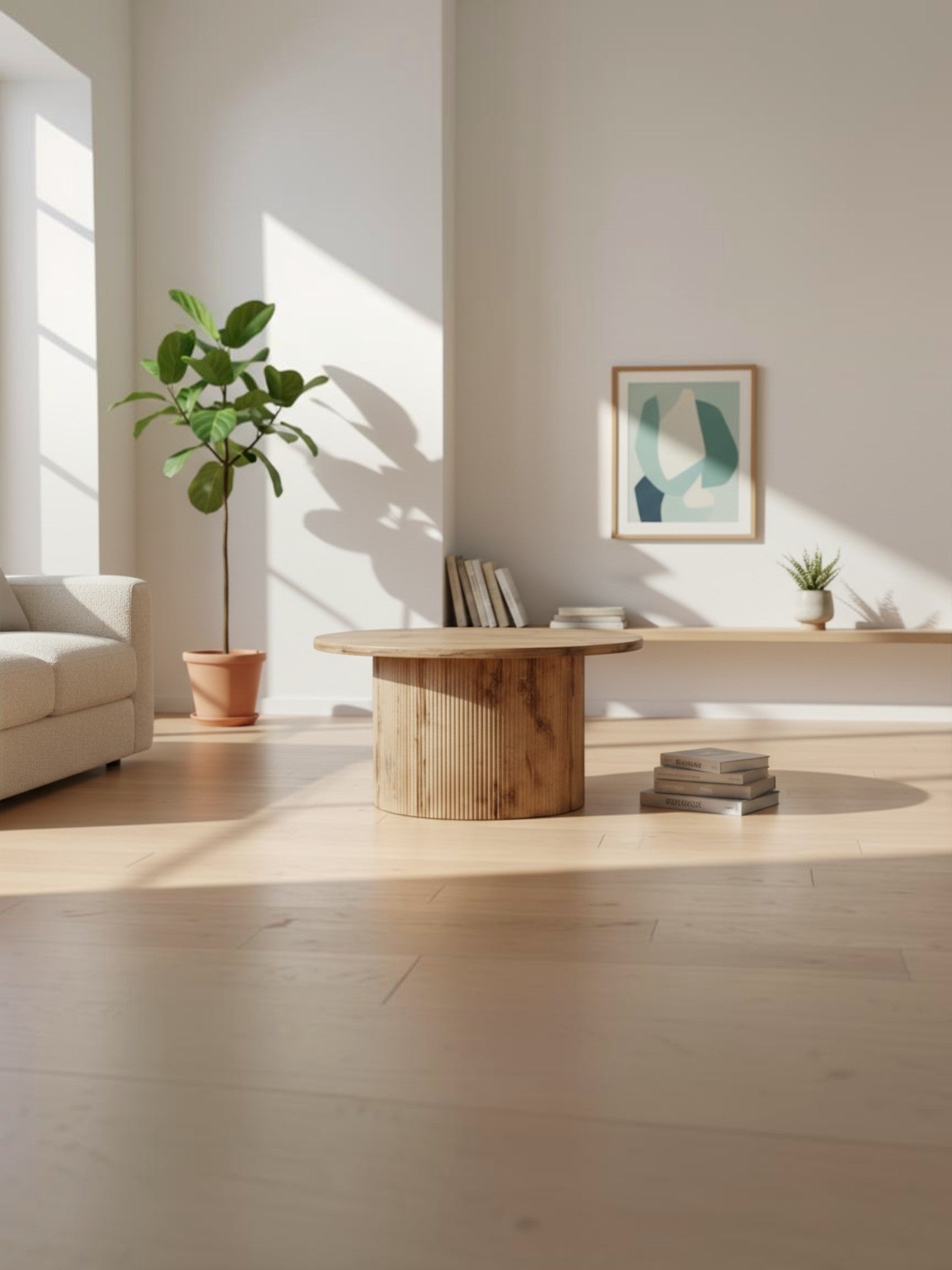 Table d'appoint ronde en bois clair TOCO Meubles avec base cylindrique cannelée dans un salon lumineux