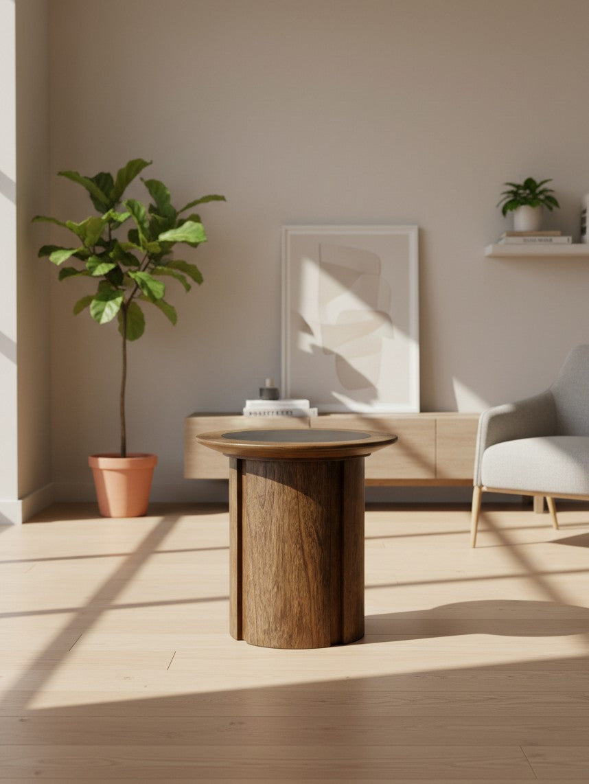 Table d'appoint Donta par TOCO Meubles en bois massif avec plateau circulaire dans un salon lumineux et moderne