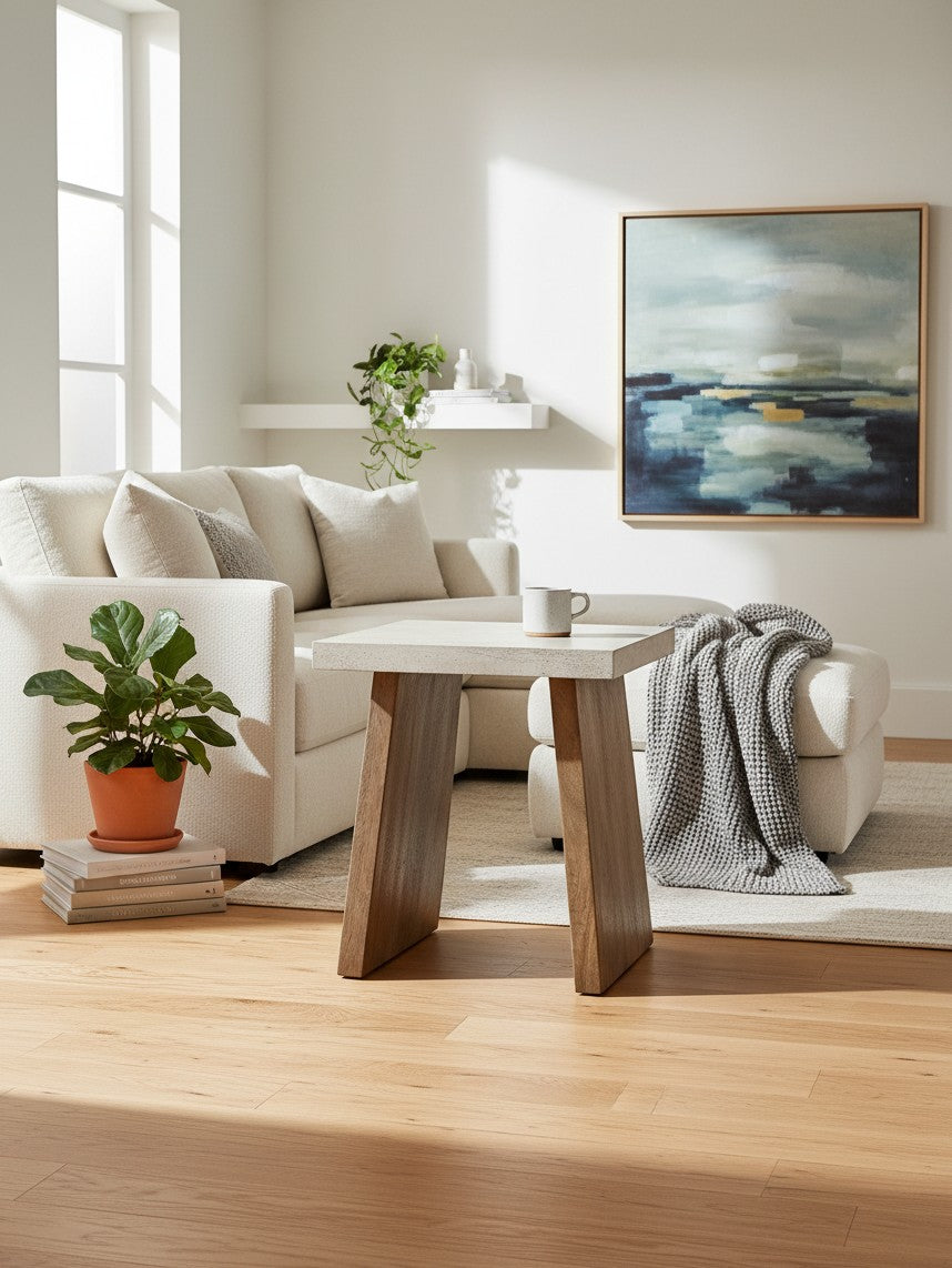Table d'appoint Brenda TOCO Meubles avec plateau en pierre claire et pieds en bois massif dans un salon lumineux