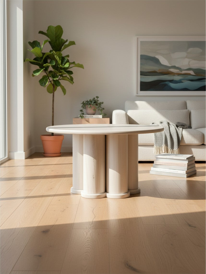 Table d'appoint Harmonie par TOCO Meubles en bois clair avec plateau rond et base architecturale à colonnes