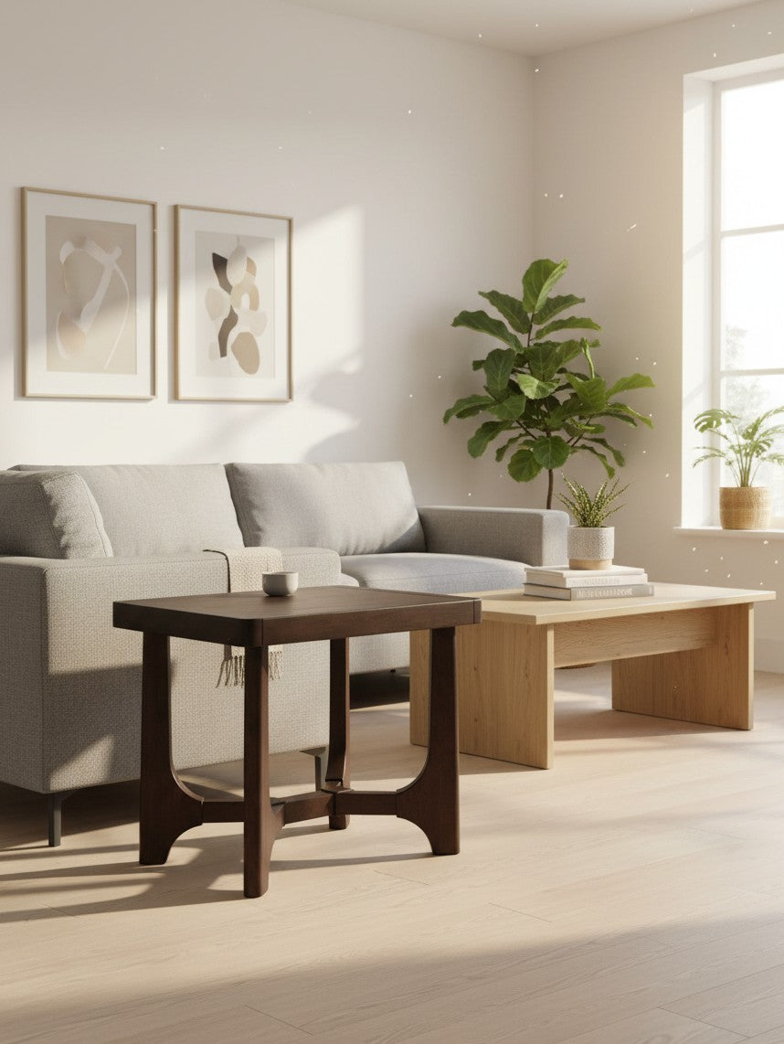 Table d'appoint Louma par TOCO Meubles en bois foncé avec un design épuré dans un salon lumineux et moderne.