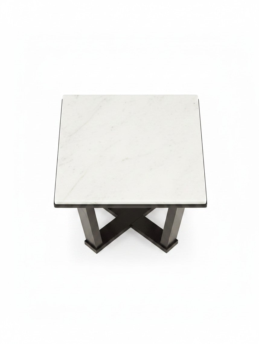 Table d'appoint Sola TOCO Meubles avec plateau carré en marbre blanc et base croisée en bois espresso
