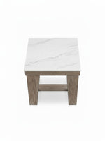 Table d'appoint carrée TOCO Meubles avec plateau en marbre blanc et base en bois brun rustique