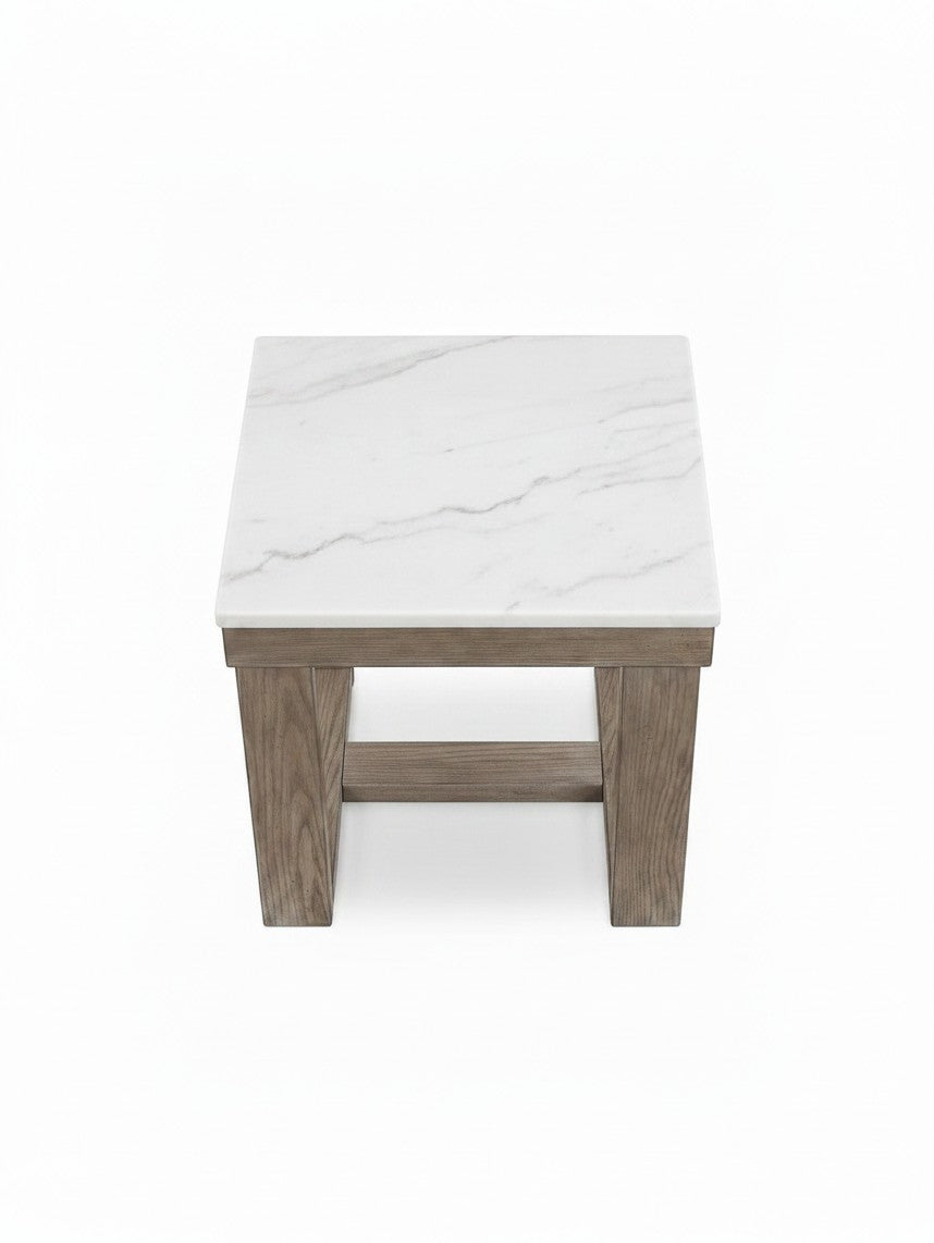 Table d'appoint carrée TOCO Meubles avec plateau en marbre blanc et base en bois brun rustique