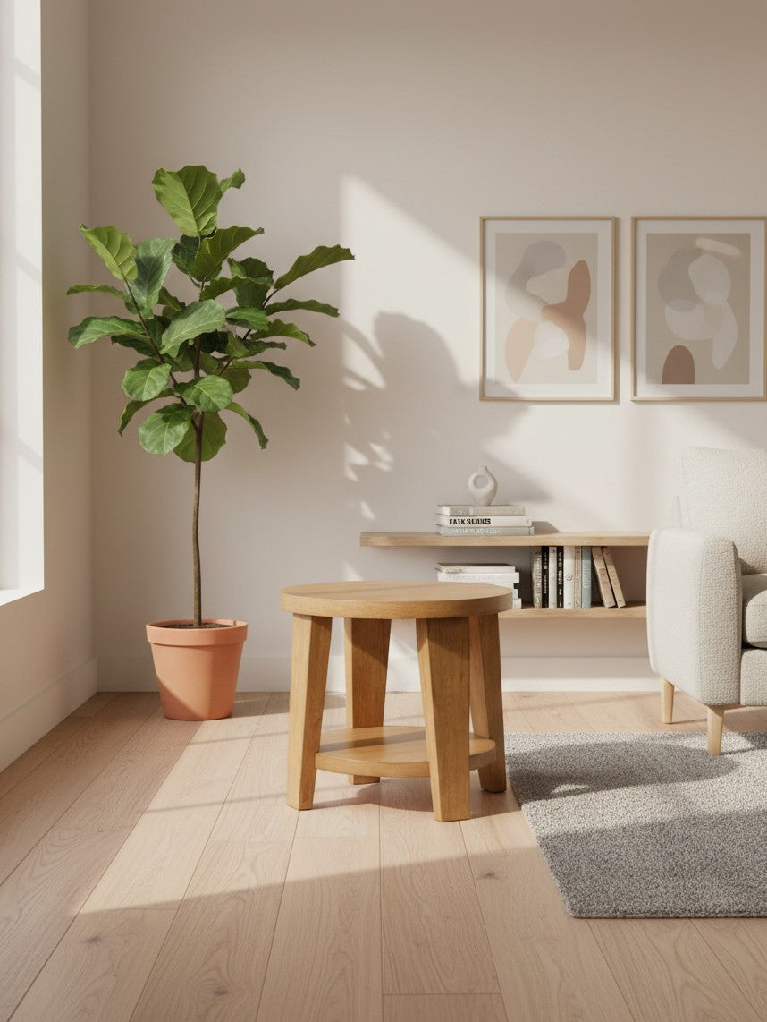 Table d'appoint ronde en bois clair TOCO Meubles dans un salon lumineux avec plante verte et décoration murale