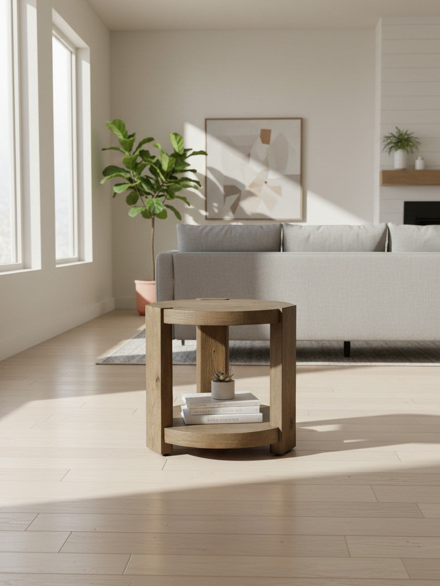 Table d'appoint ronde TOCO Meubles en bois clair avec étagère inférieure dans un salon lumineux et moderne