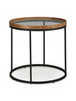 Table d'appoint ronde TOCO Meubles avec plateau en bois naturel et verre, structure en métal noir minimaliste