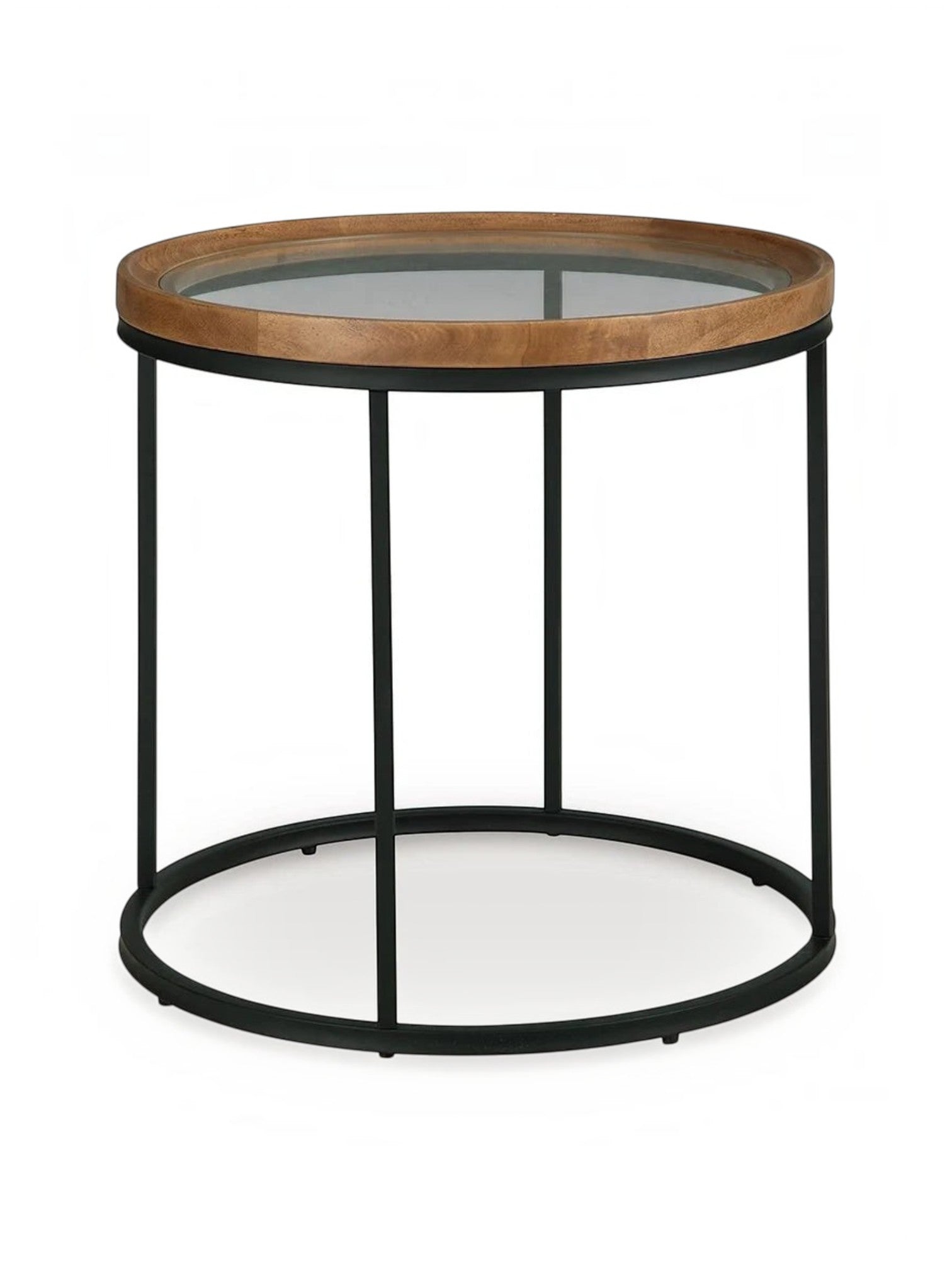 Table d'appoint ronde TOCO Meubles avec plateau en bois naturel et verre, structure en métal noir minimaliste