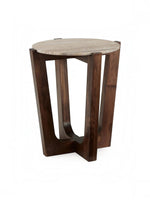 Table d'appoint ronde Tanido de TOCO Meubles avec plateau en pierre beige et base en bois brun foncé