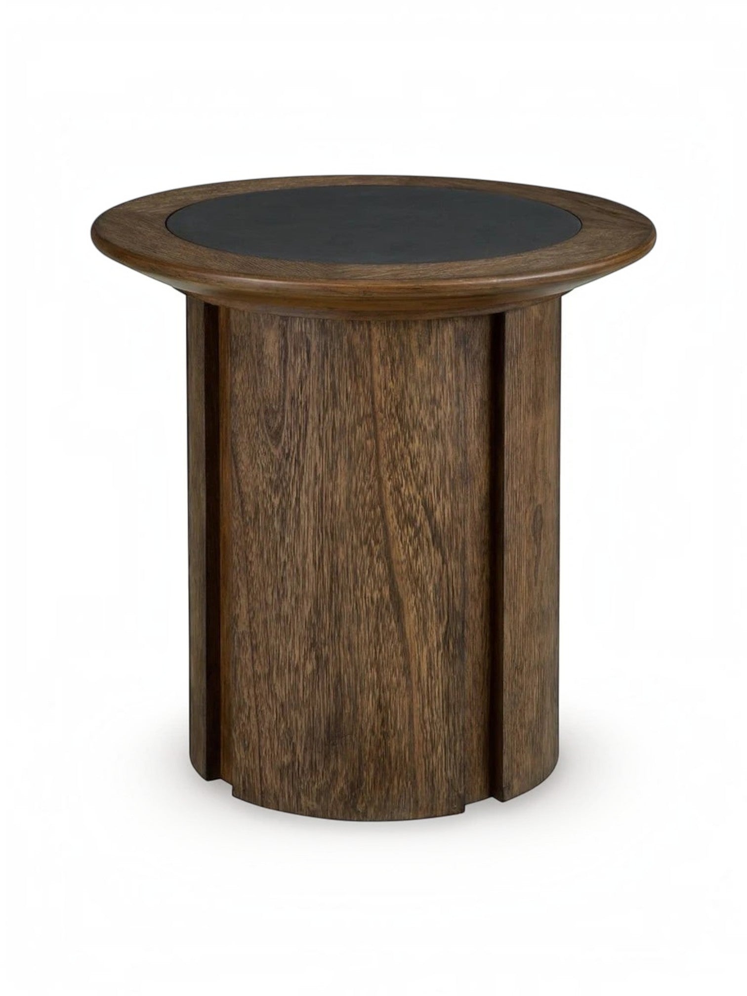 Table d'appoint ronde Donta par TOCO Meubles en bois massif brun avec un plateau supérieur noir contrastant