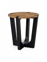 Table d'appoint ronde Annie par TOCO Meubles avec plateau en bois naturel et base géométrique en bois noir