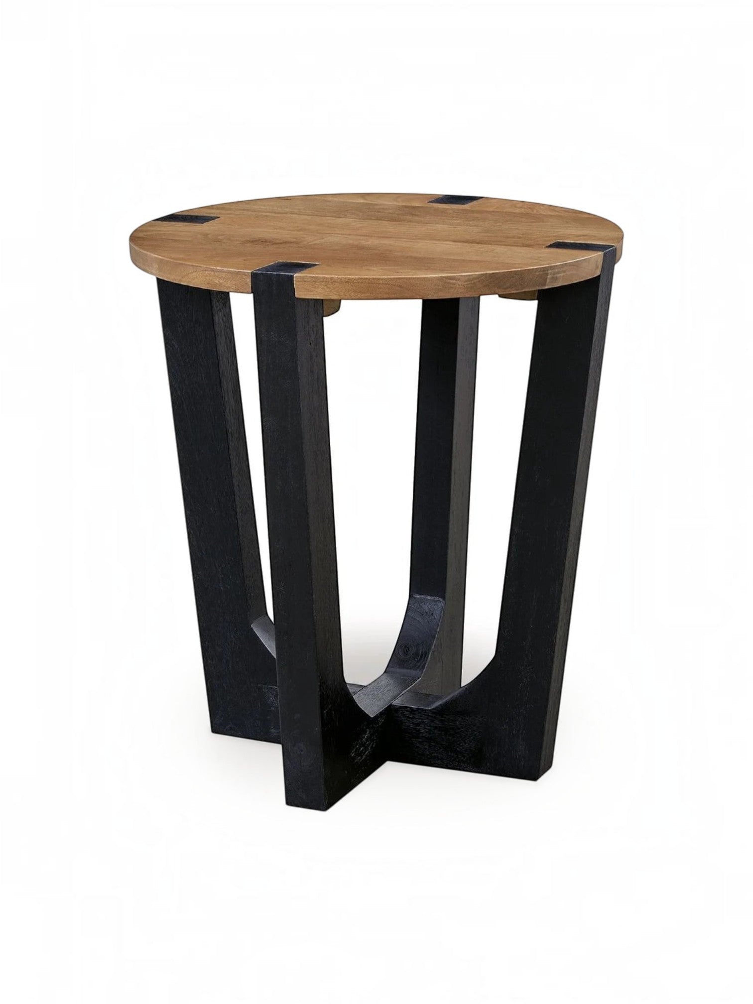 Table d'appoint ronde Annie par TOCO Meubles avec plateau en bois naturel et base géométrique en bois noir