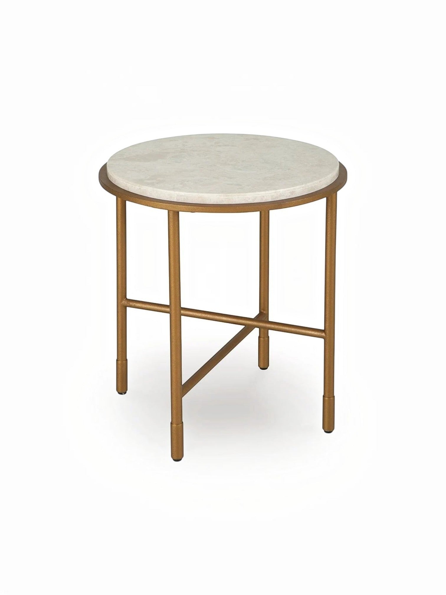 Table d'appoint ronde Alby de TOCO Meubles avec plateau en pierre claire et structure en métal doré