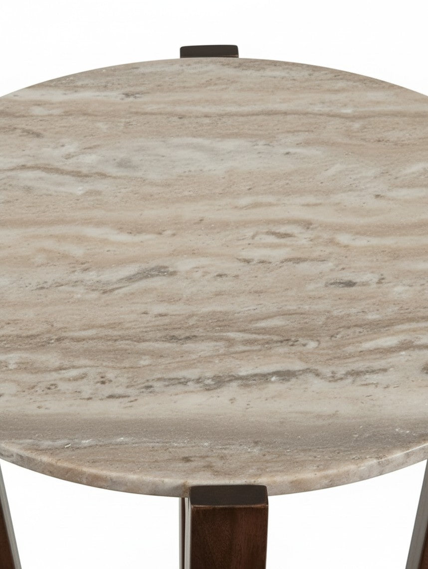 Table d'appoint ronde Tanido TOCO Meubles avec plateau en pierre naturelle beige et structure en bois brun