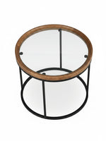 Table d'appoint ronde Nora TOCO Meubles avec plateau en verre, cadre en métal noir et bordure en bois naturel