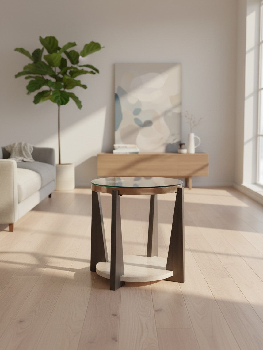 Table d'appoint ronde Fraza TOCO Meubles avec plateau en verre et base en bois bicolore dans un salon moderne