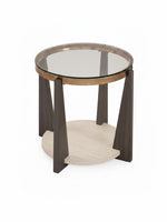 Table d'appoint ronde Fraza par TOCO Meubles avec plateau en verre, base en pierre beige et pieds en bois foncé