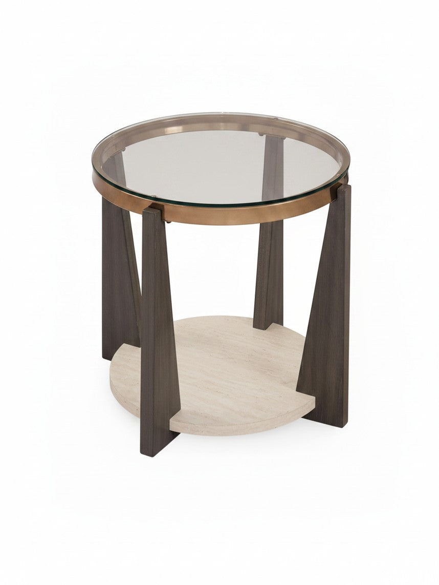 Table d'appoint ronde Fraza par TOCO Meubles avec plateau en verre, base en pierre beige et pieds en bois foncé