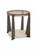 Table d'appoint ronde TOCO Meubles Fraza avec plateau en verre, structure en bois foncé et base en pierre claire