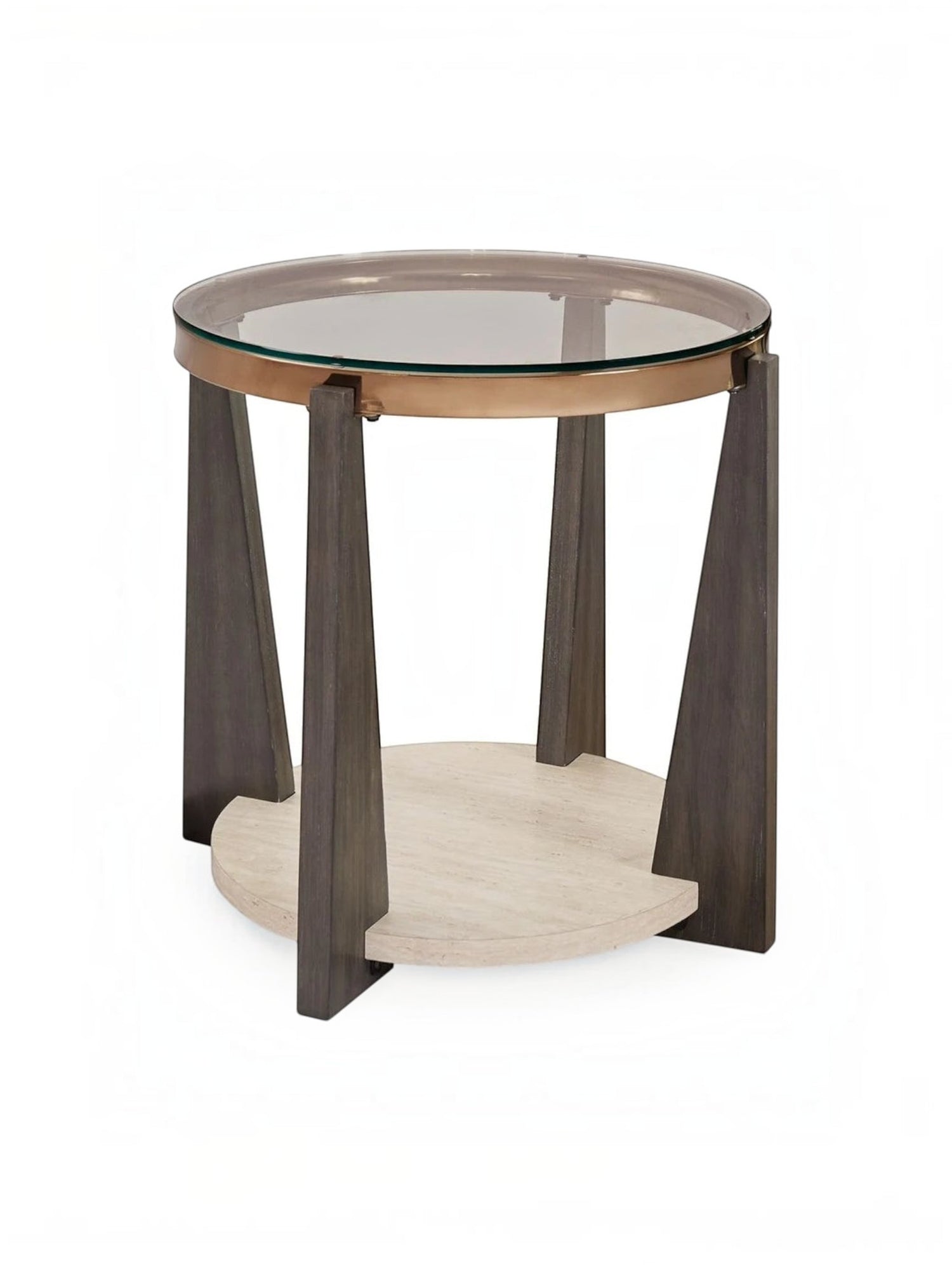 Table d'appoint ronde TOCO Meubles Fraza avec plateau en verre, structure en bois foncé et base en pierre claire