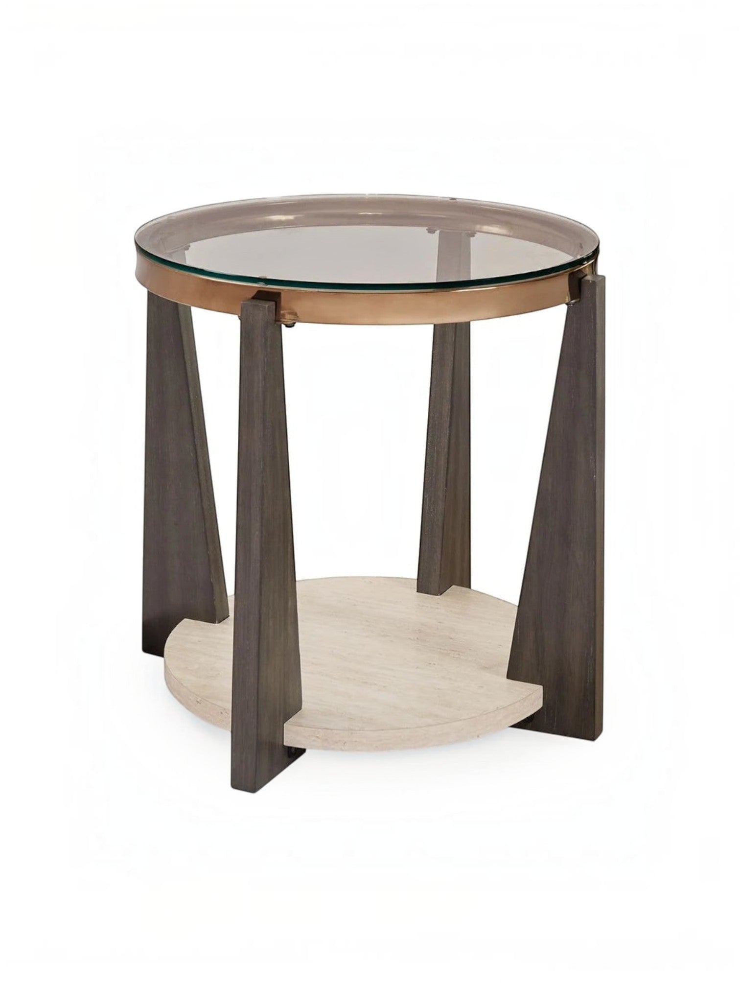 Table d'appoint ronde TOCO Meubles Fraza avec plateau en verre, structure en bois foncé et base en pierre claire