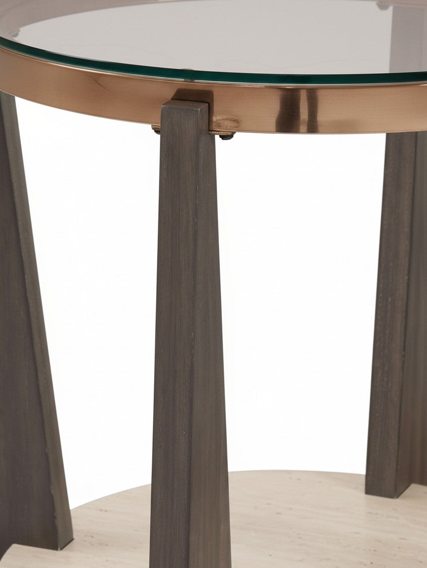Table d'appoint ronde Fraza TOCO Meubles avec plateau en verre, bordure en métal cuivré et pieds en bois gris