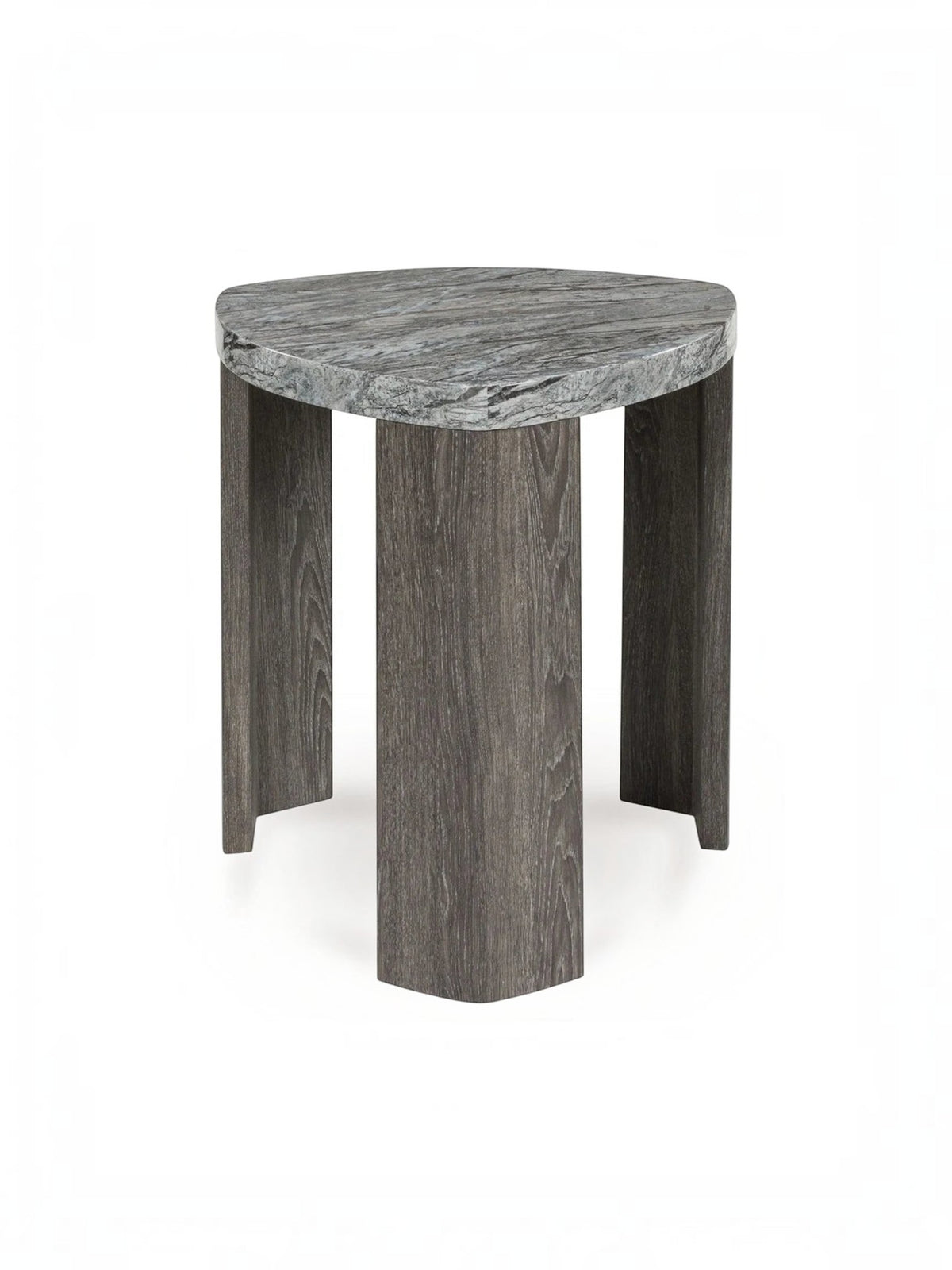 Table d'appoint triangulaire TOCO Meubles avec plateau en pierre grise et pieds en bois brun texturé