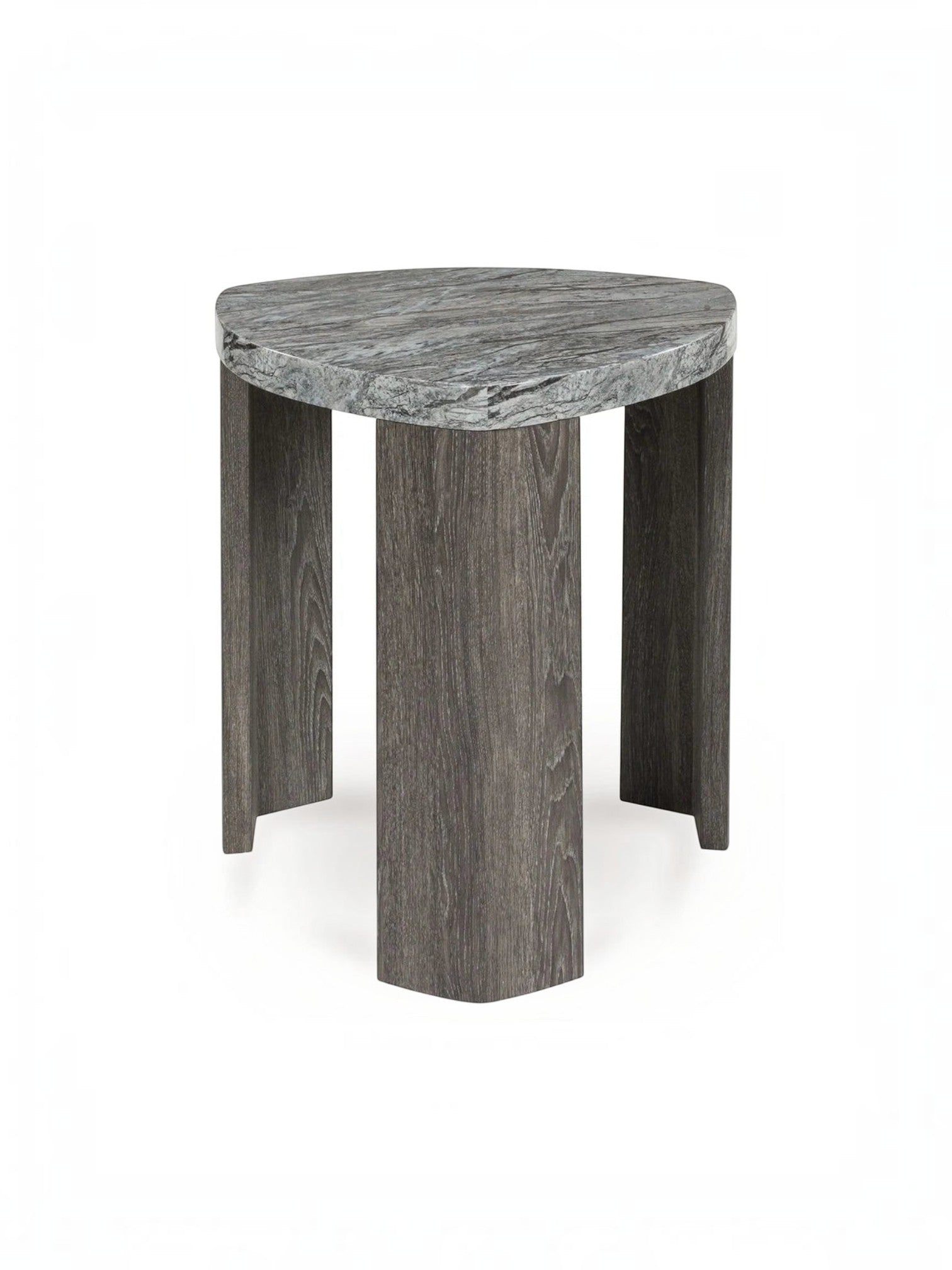 Table d'appoint triangulaire TOCO Meubles avec plateau en pierre grise et pieds en bois brun texturé