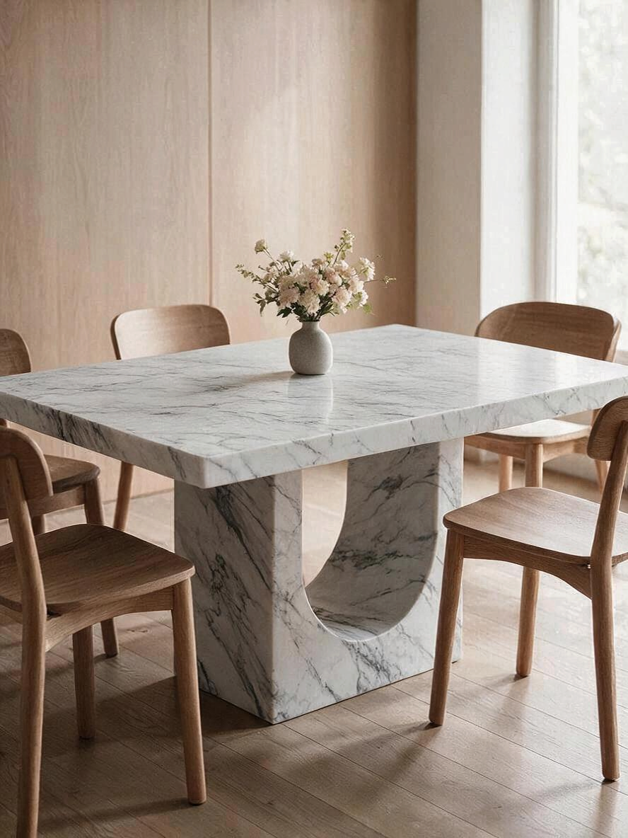 Table de salle à manger TOCO Meubles Aureli rectangulaire en composite blanc effet marbre avec base arquée sculpturale