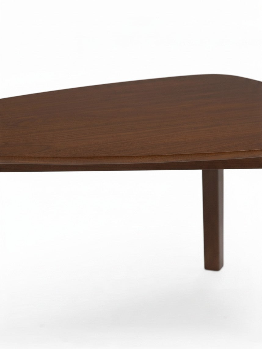 Gros plan sur le plateau en bois brun d'une table basse de l'ensemble TOCO Meubles Lynco aux lignes arrondies