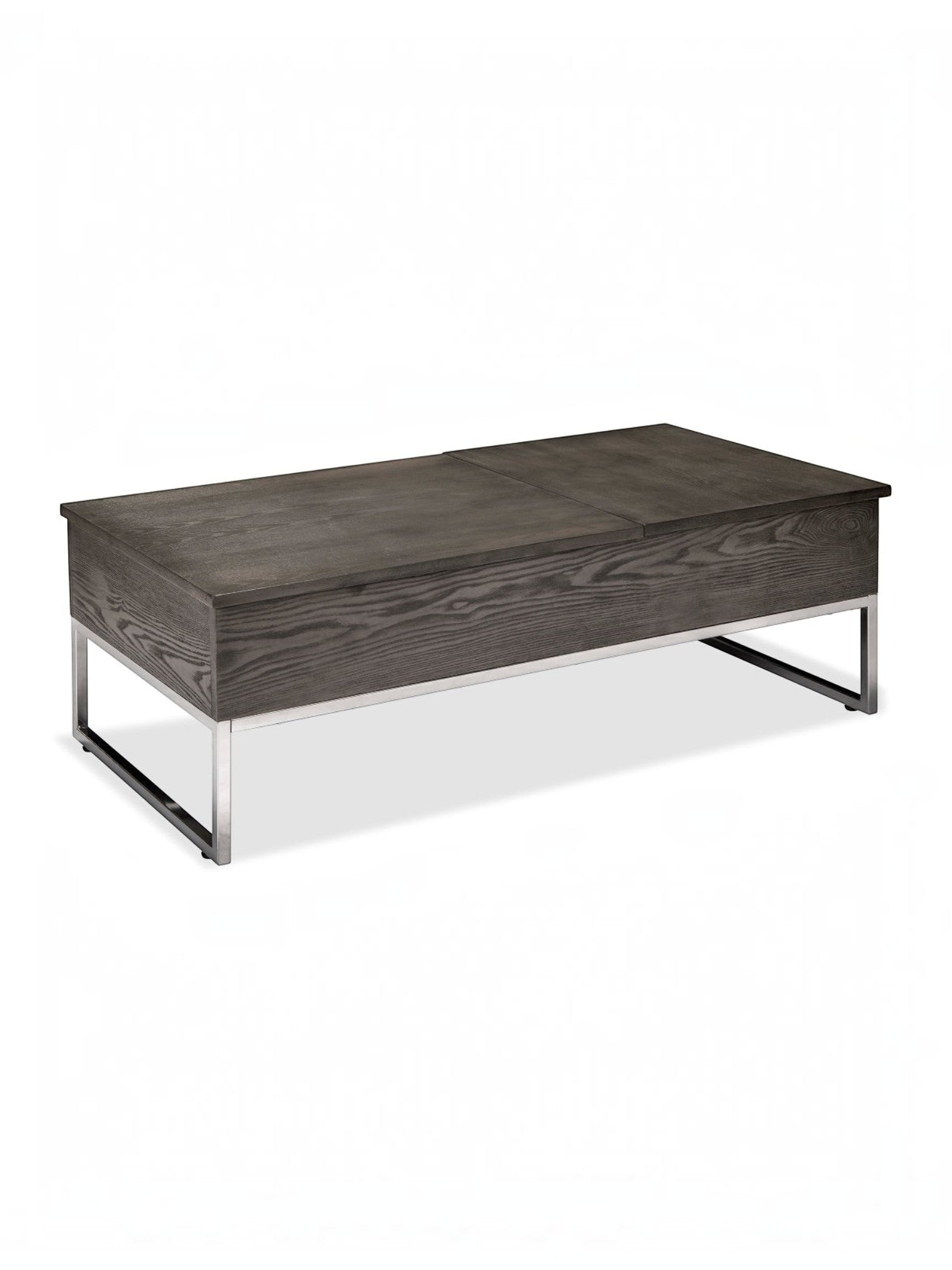 Table basse TOCO Meubles Sutton en bois gris avec deux plateaux relevables et base en métal chromé