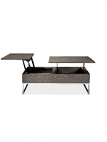 Table basse TOCO Meubles Sutton en bois gris avec deux plateaux relevables indépendants et base en métal chromé
