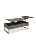 Table basse TOCO Meubles Sutton en bois gris avec deux plateaux relevables indépendants et base en métal chromé