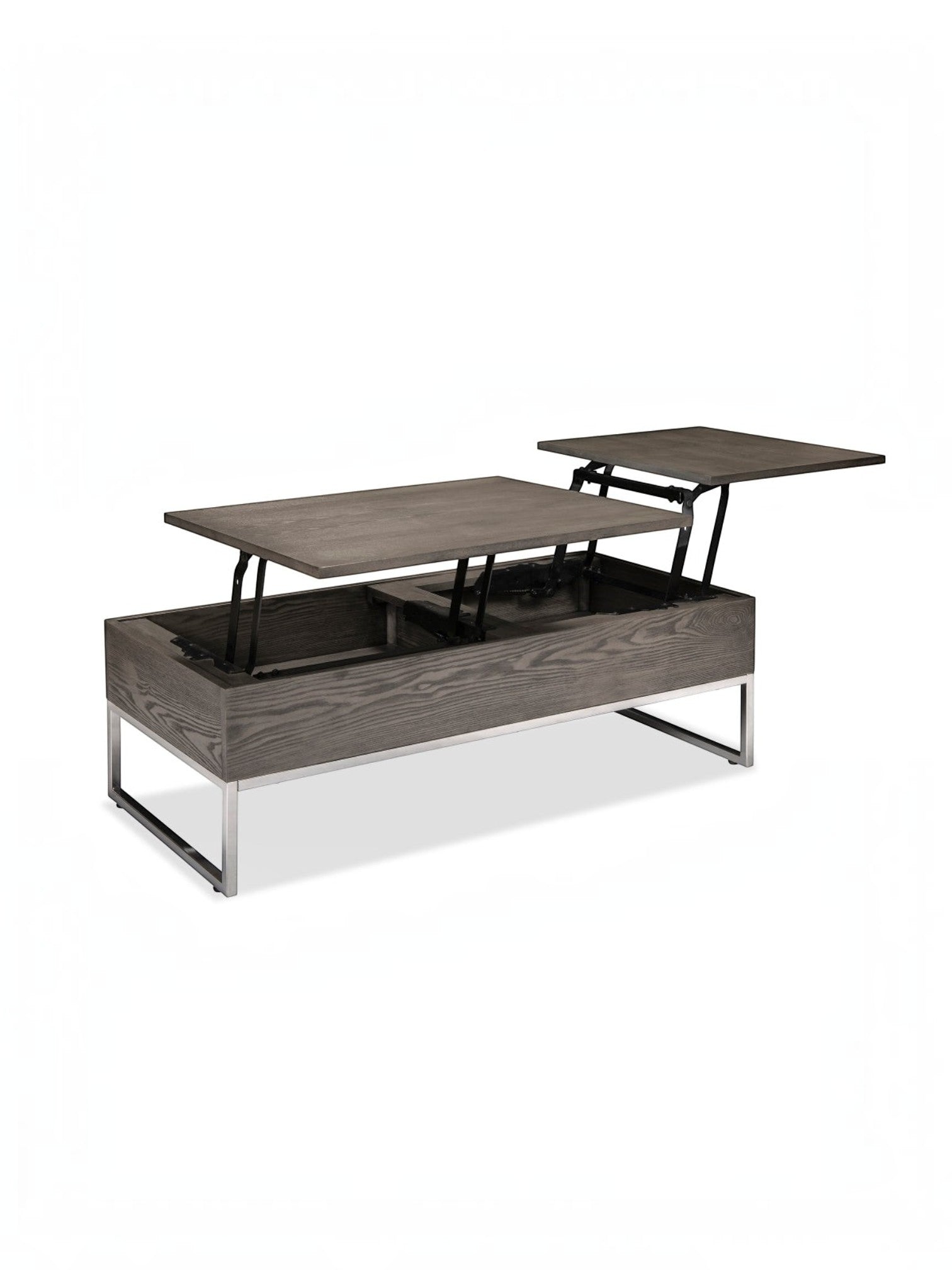 Table basse TOCO Meubles Sutton en bois gris avec deux plateaux relevables indépendants et base en métal chromé