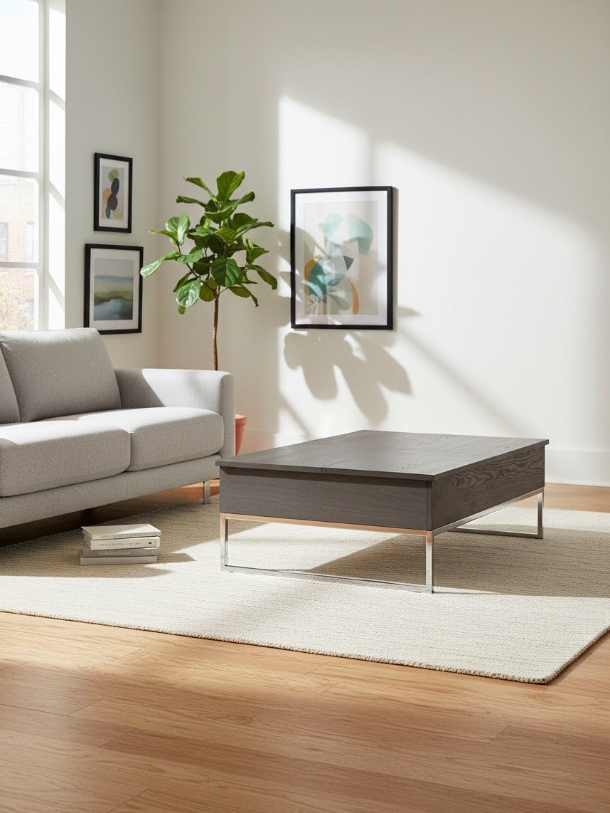 Table basse TOCO Meubles Sutton en bois gris avec double plateau relevable et base en métal chromé dans un salon