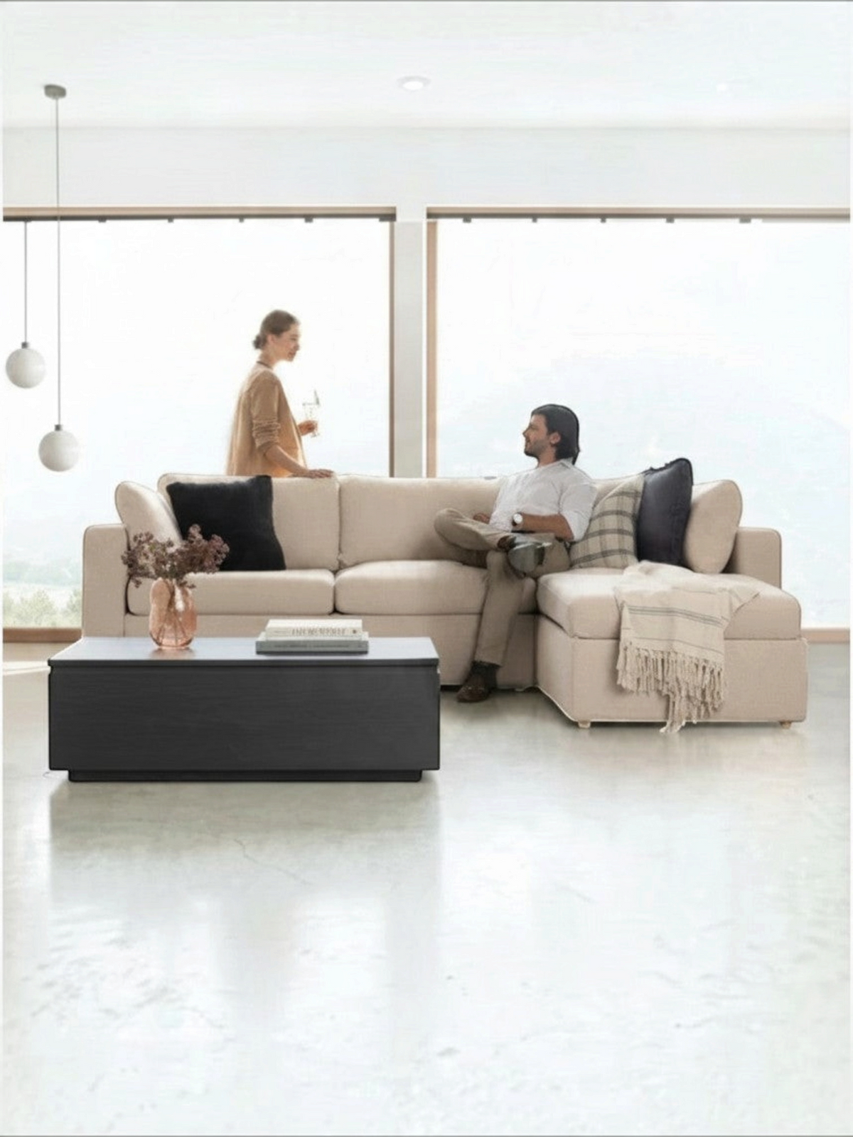Table basse TOCO Meubles en bois massif hickory fumé avec plateau relevable dans un salon moderne et lumineux