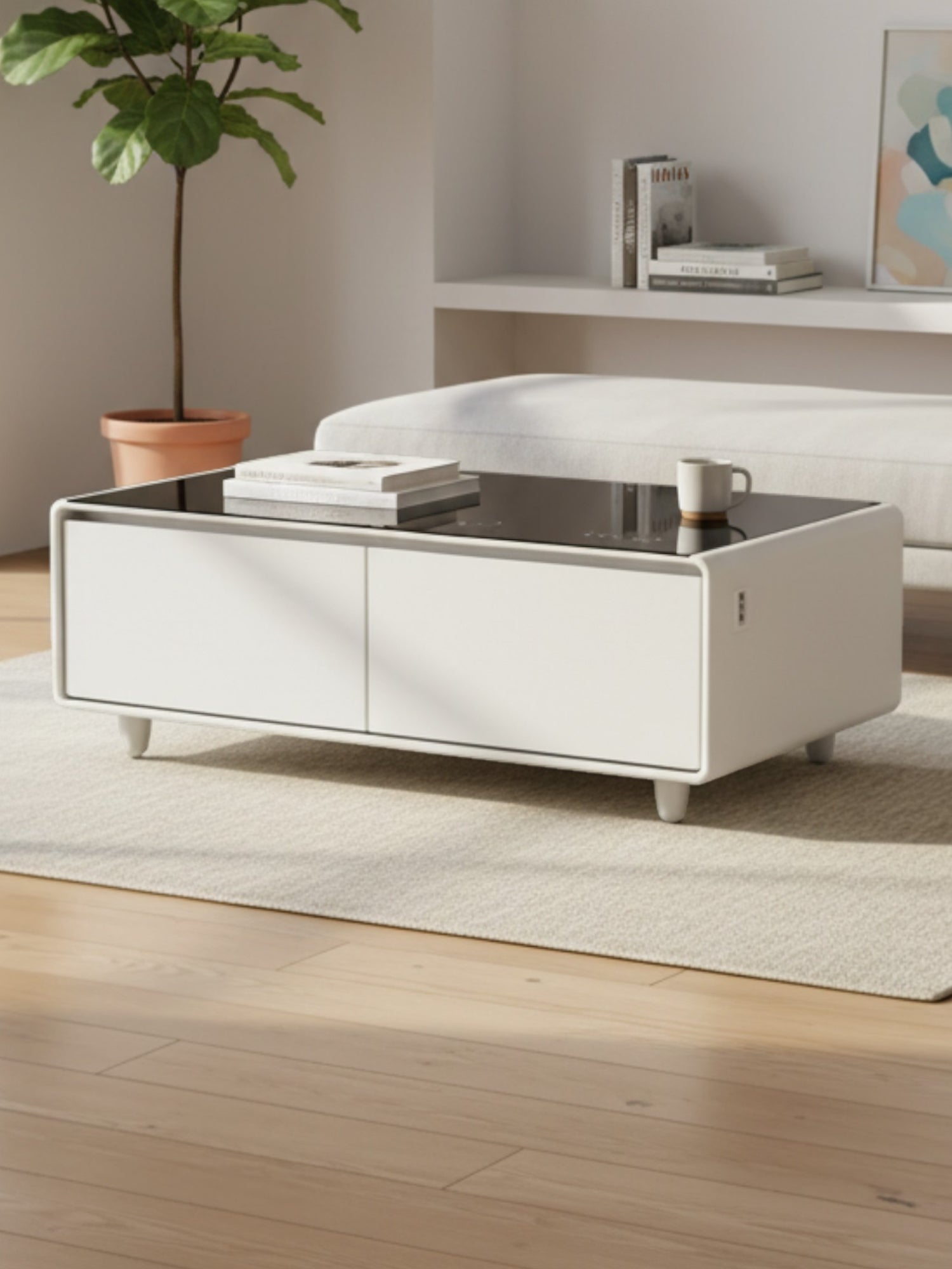 Table basse intelligente TOCO Meubles Party Time blanche avec tiroirs et panneau de commande dans un salon moderne