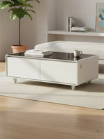 Table basse intelligente TOCO Meubles Party Time blanche avec plateau en verre noir et deux tiroirs de rangement